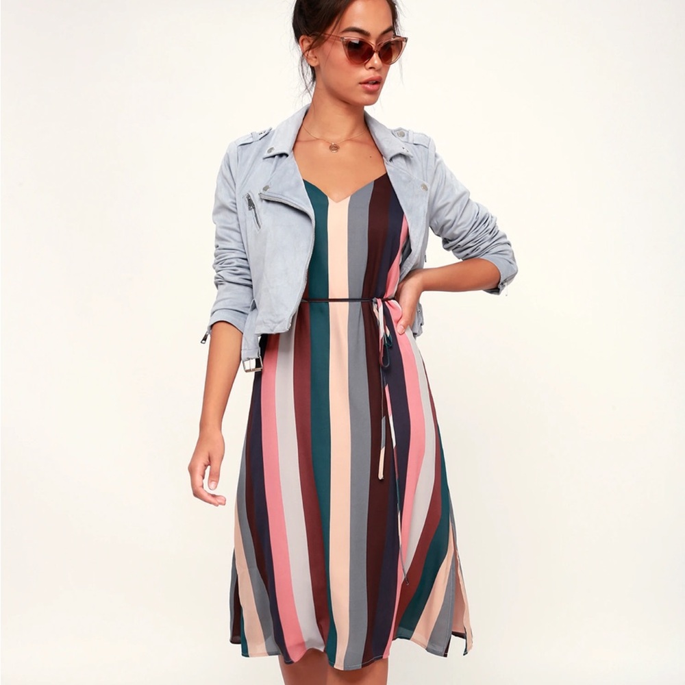 Brand New Lulus brand Erina Mauve Multi Stripe Belted Midi Slip Dress